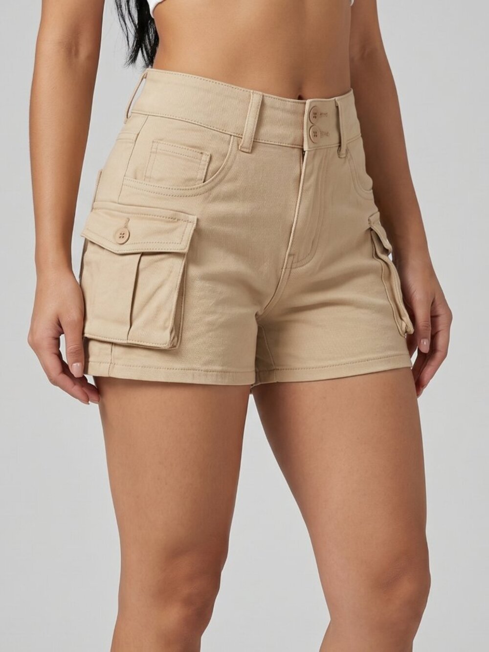 NWT | Elleven Beige High-Waisted Tiered Utility Cargo Shorts | Double Button | X